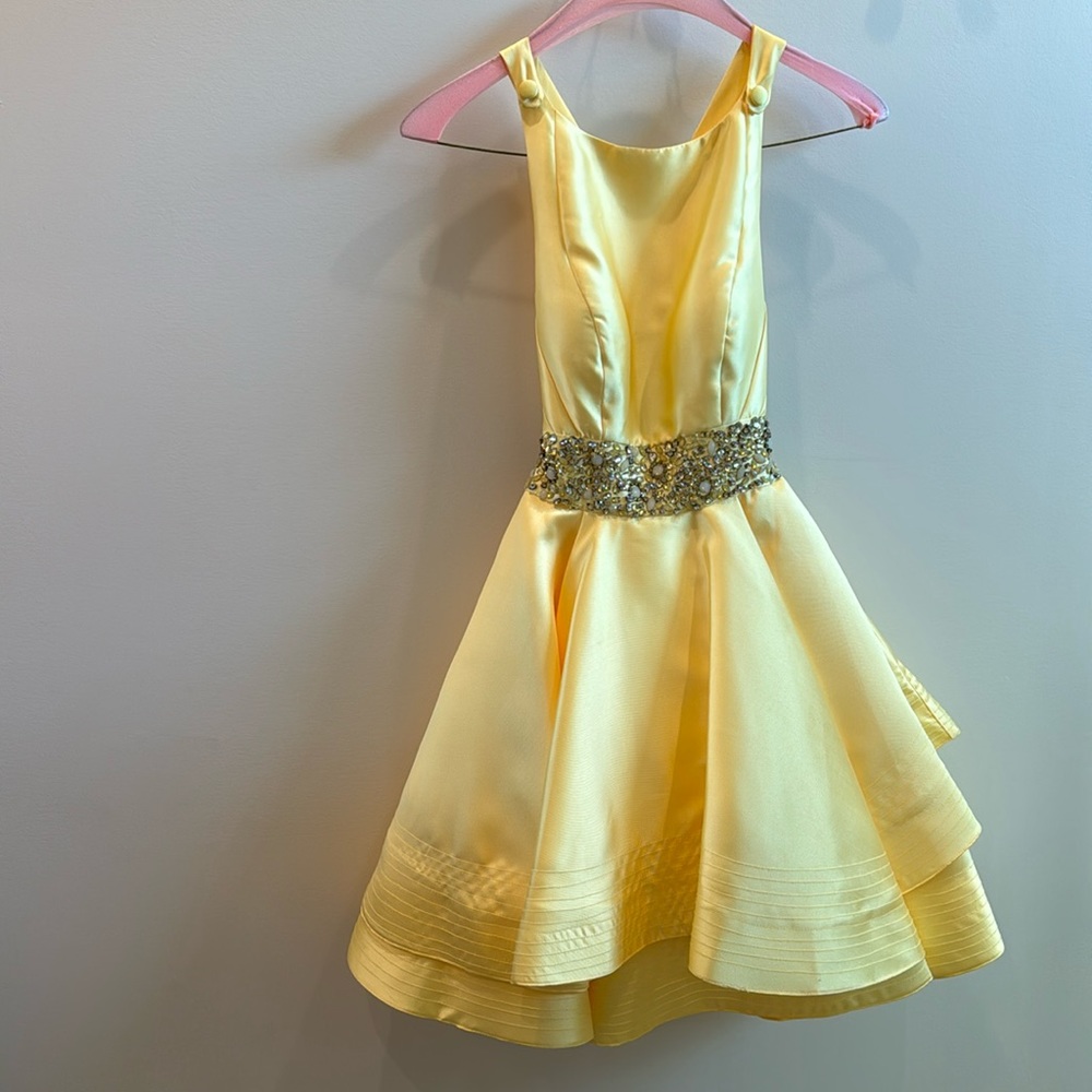 Mac Duggal Yellow Satin Open Back Dress with Beading